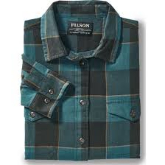 Women's Filson Scout Guide Plaid Shirt Teal Black Gold - Picture 3 of 11